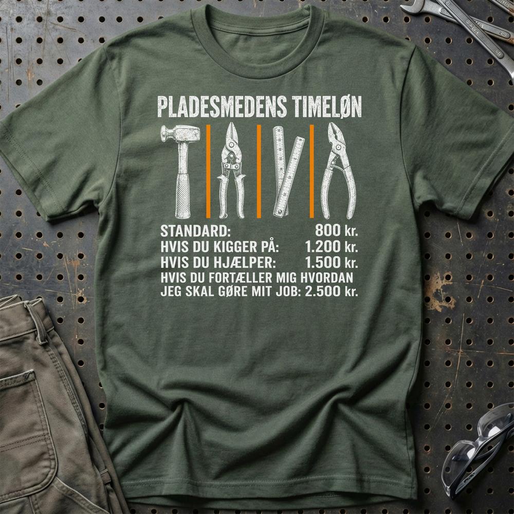Pladesmedens Timeløn - Unisex T-Shirt , Bomuld-Beklædning-Garage Culture-Grøn Militær-S-Garage Culture Shop- garage - man cave - merchandise