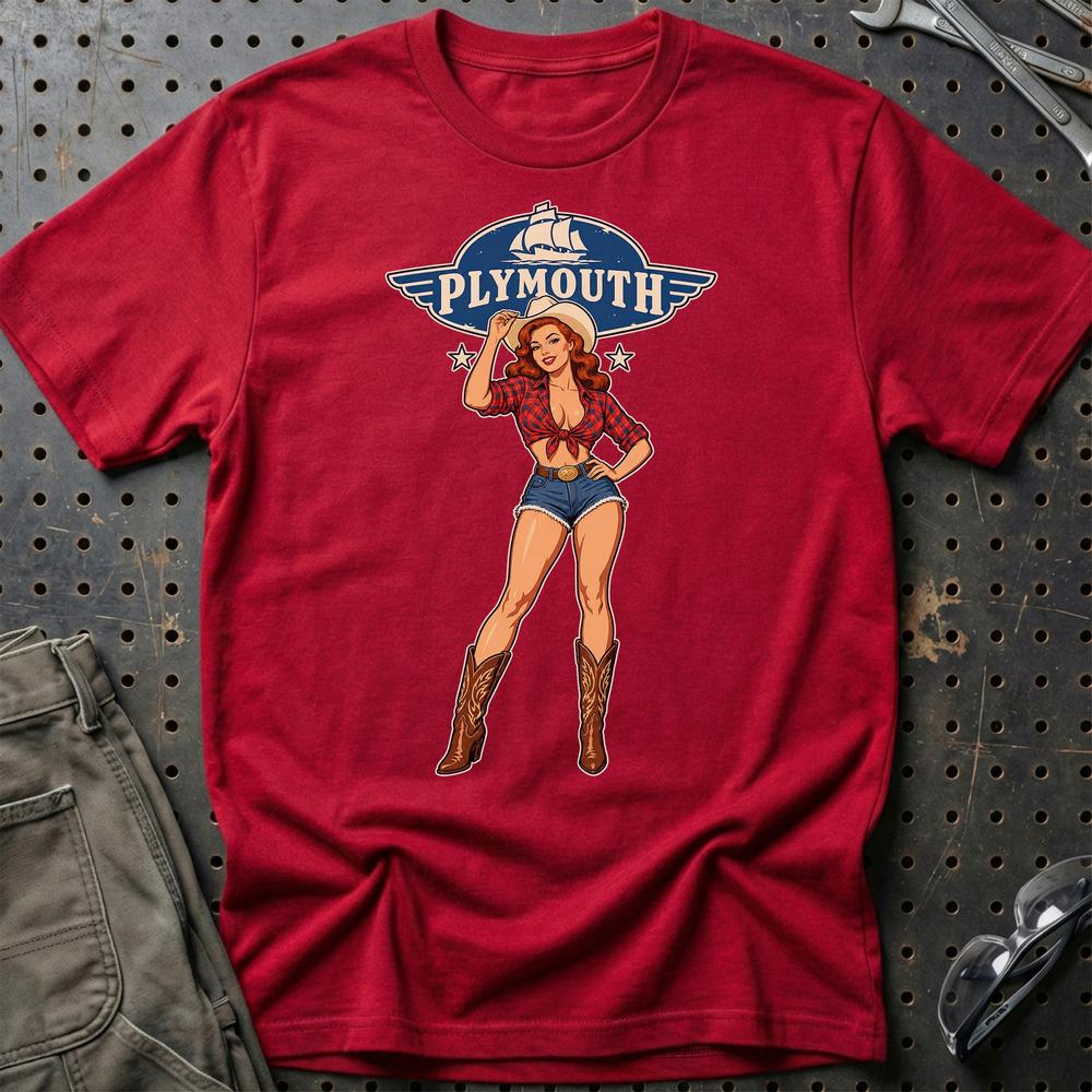 Plymouth Cowboy Pinup T-Shirt-Beklædning-Plymouth-Rød-S-Garage Culture Shop- garage - man cave - merchandise