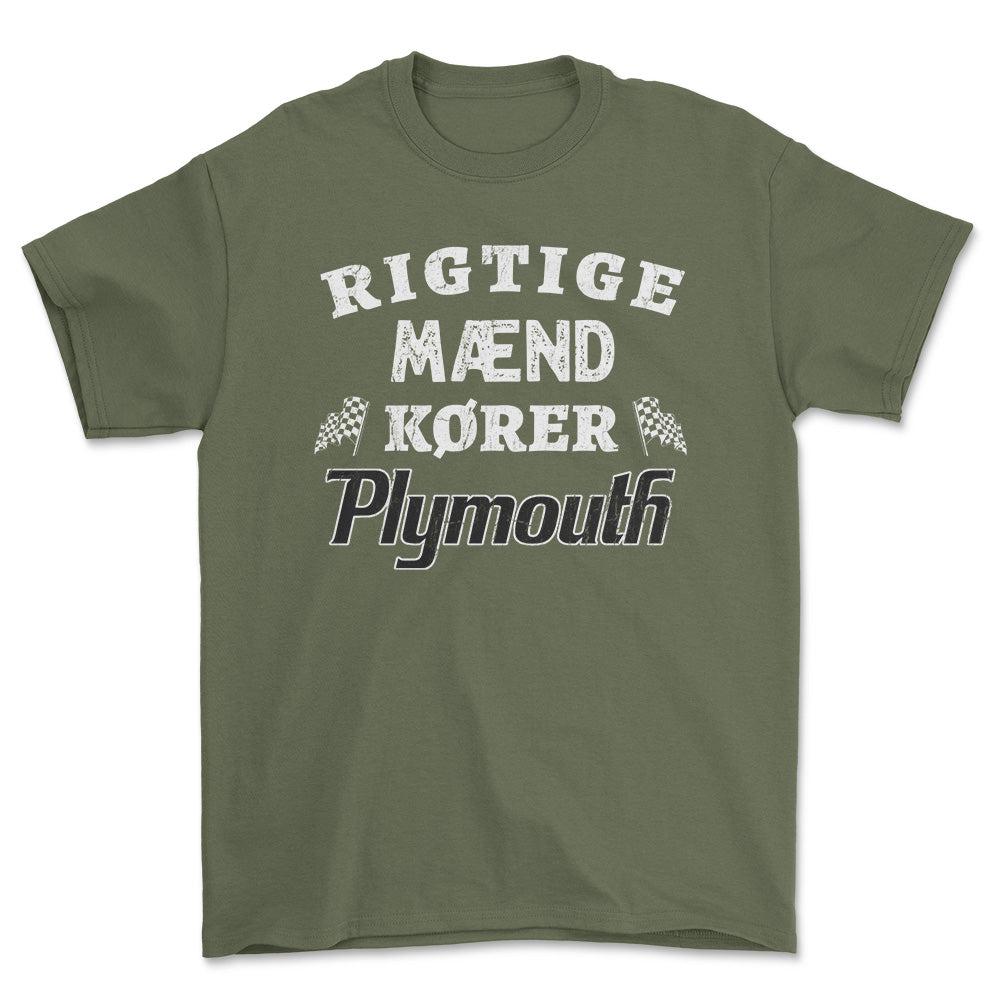 Plymouth Rigtige Mænd Kører - Unisex T-Shirt , Bomuld-Beklædning-Plymouth-Grøn Militær-S-Forside-Garage Culture Shop- garage - man cave - merchandise