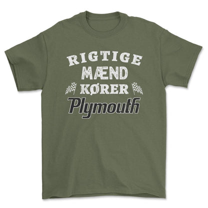 Plymouth Rigtige Mænd Kører - Unisex T-Shirt , Bomuld-Beklædning-Plymouth-Grøn Militær-S-Forside-Garage Culture Shop- garage - man cave - merchandise