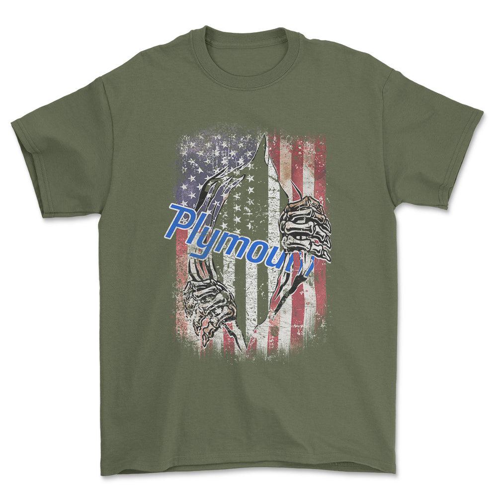 Plymouth US Flag T-Shirt-Beklædning-Plymouth-Grøn Militær-S-Garage Culture Shop- garage - man cave - merchandise