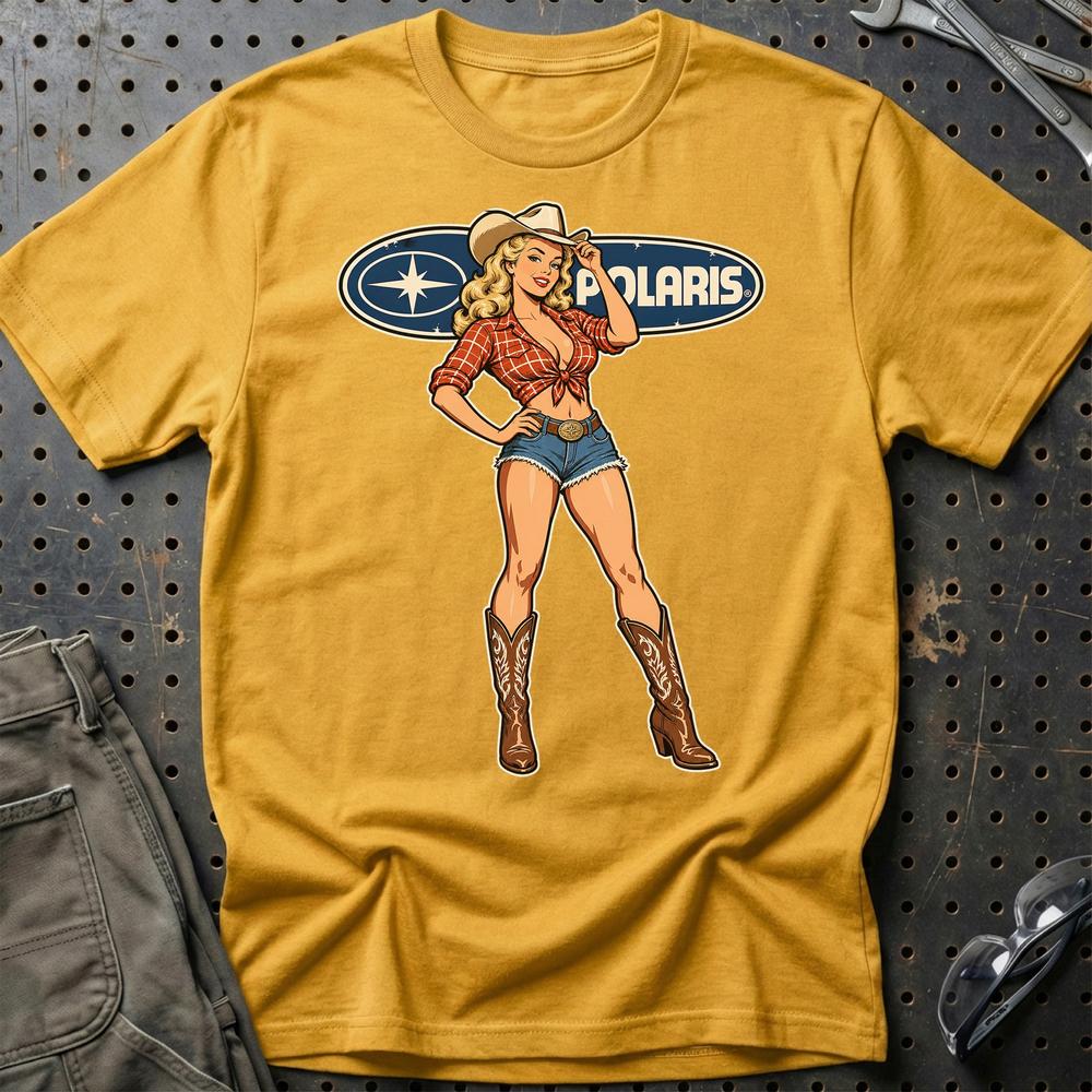Polaris Cowboy Pinup T-Shirt-Beklædning-Polaris-Guld-S-Garage Culture Shop- garage - man cave - merchandise
