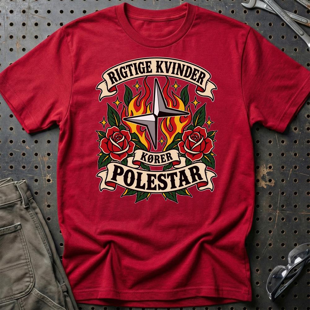 Polestar Rigtige Kvinder Kører – Roser og Flammer T-Shirt-Beklædning-Polestar-Rød-S-Garage Culture Shop- garage - man cave - merchandise
