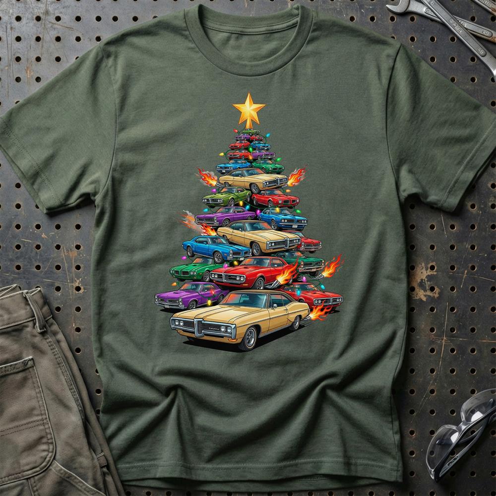 Pontiac Catalina Juletræ Christmas Tree T-Shirt-Beklædning-Pontiac-Grøn Militær-S-Garage Culture Shop- garage - man cave - merchandise