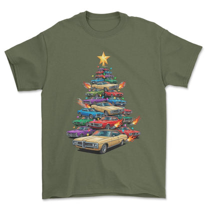 Pontiac Catalina Juletræ Christmas Tree - Unisex T-Shirt-Beklædning-Pontiac-Grøn Militær-S-Forside-Garage Culture Shop- garage - man cave - merchandise