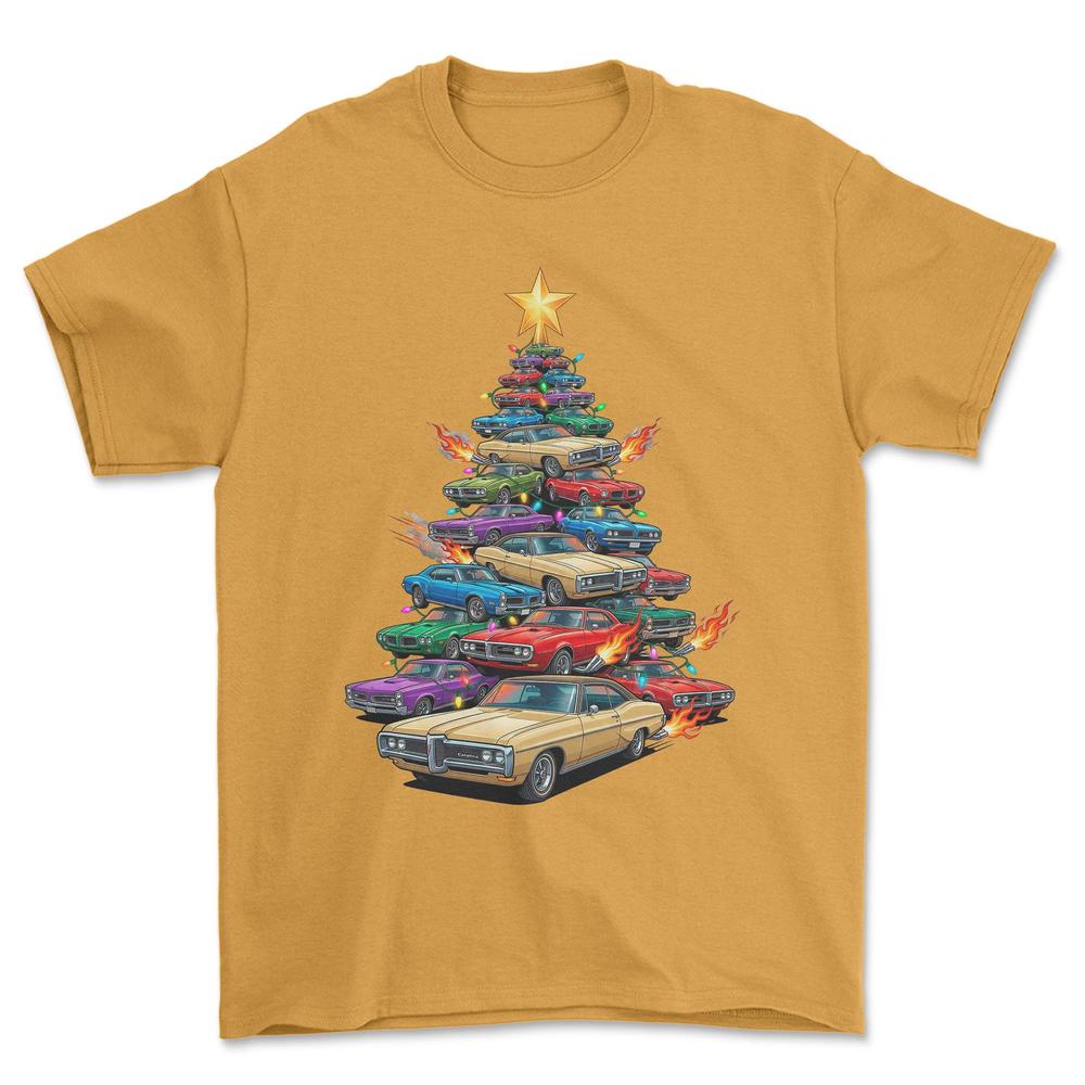 Pontiac Catalina Juletræ Christmas Tree - Unisex T-Shirt-Beklædning-Pontiac-Guld-S-Forside-Garage Culture Shop- garage - man cave - merchandise