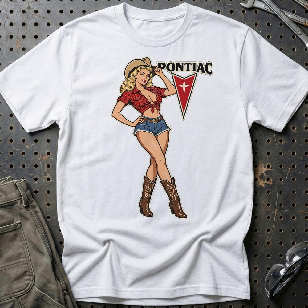 Pontiac Cowboy Pinup T-Shirt-Beklædning-Pontiac-Hvid-S-Garage Culture Shop- garage - man cave - merchandise