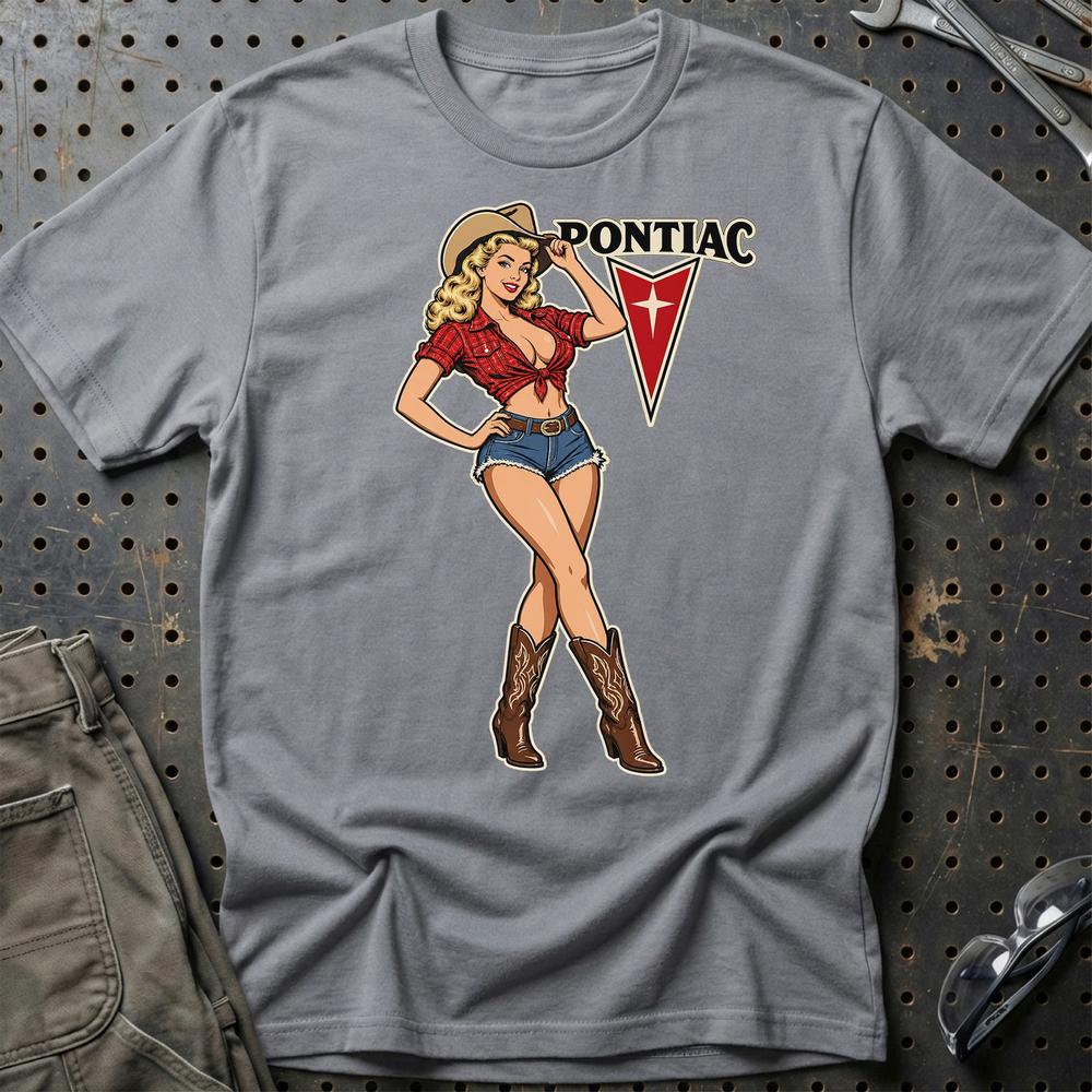 Pontiac Cowboy Pinup T-Shirt-Beklædning-Pontiac-Grå Sport-S-Garage Culture Shop- garage - man cave - merchandise