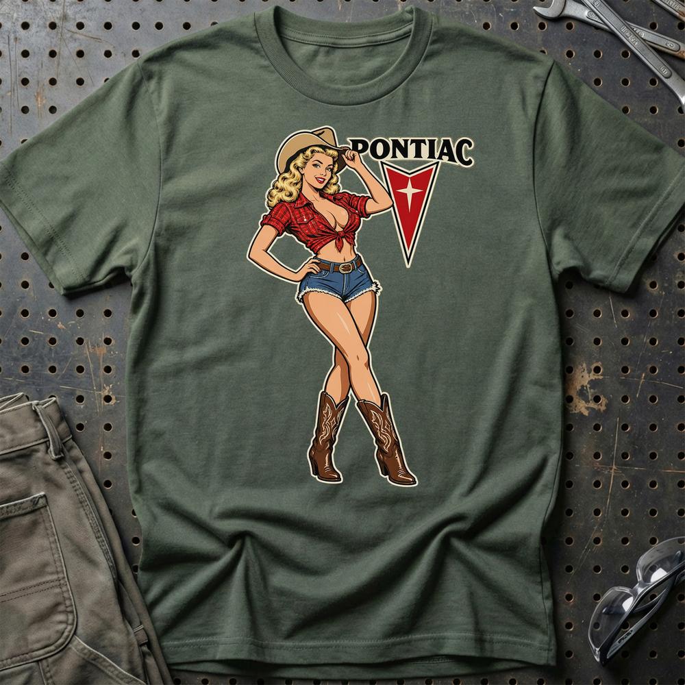 Pontiac Cowboy Pinup T-Shirt-Beklædning-Pontiac-Grøn Militær-S-Garage Culture Shop- garage - man cave - merchandise