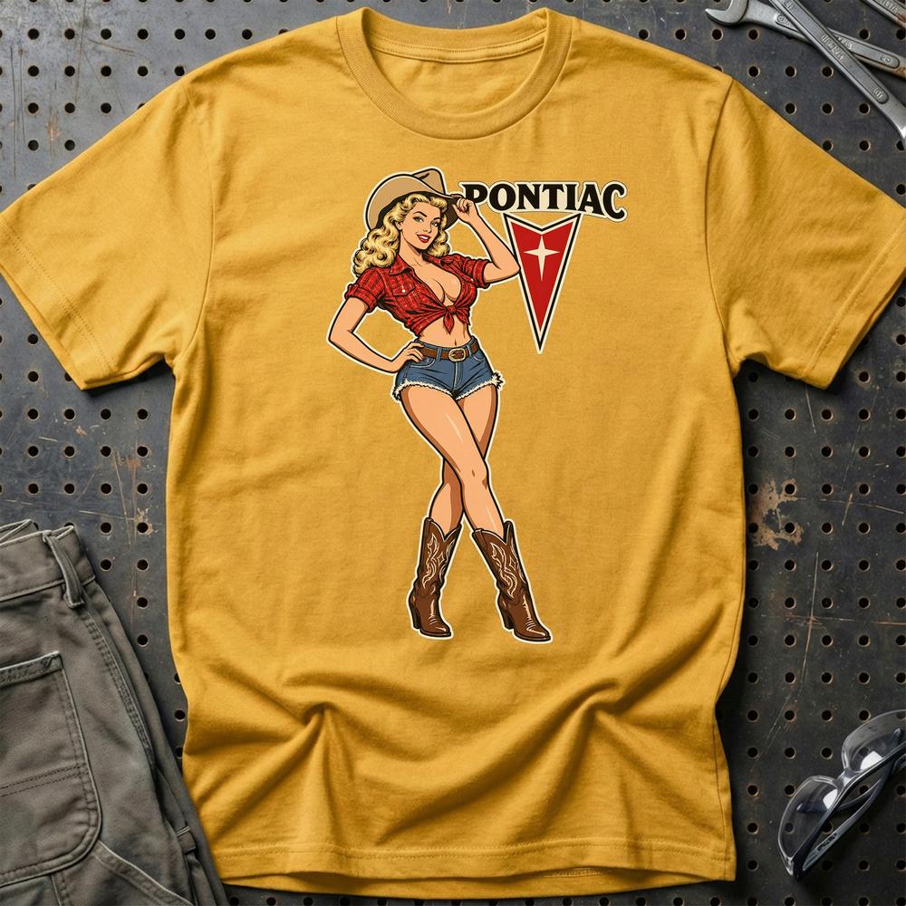 Pontiac Cowboy Pinup T-Shirt-Beklædning-Pontiac-Guld-S-Garage Culture Shop- garage - man cave - merchandise