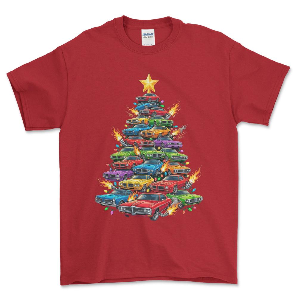 Pontiac Juletræ Christmas Tree - Unisex T-Shirt-Beklædning-Pontiac-Rød-S-Forside-Garage Culture Shop- garage - man cave - merchandise