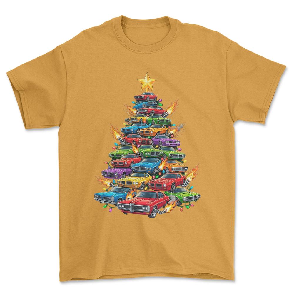 Pontiac Juletræ Christmas Tree - Unisex T-Shirt-Beklædning-Pontiac-Guld-S-Forside-Garage Culture Shop- garage - man cave - merchandise