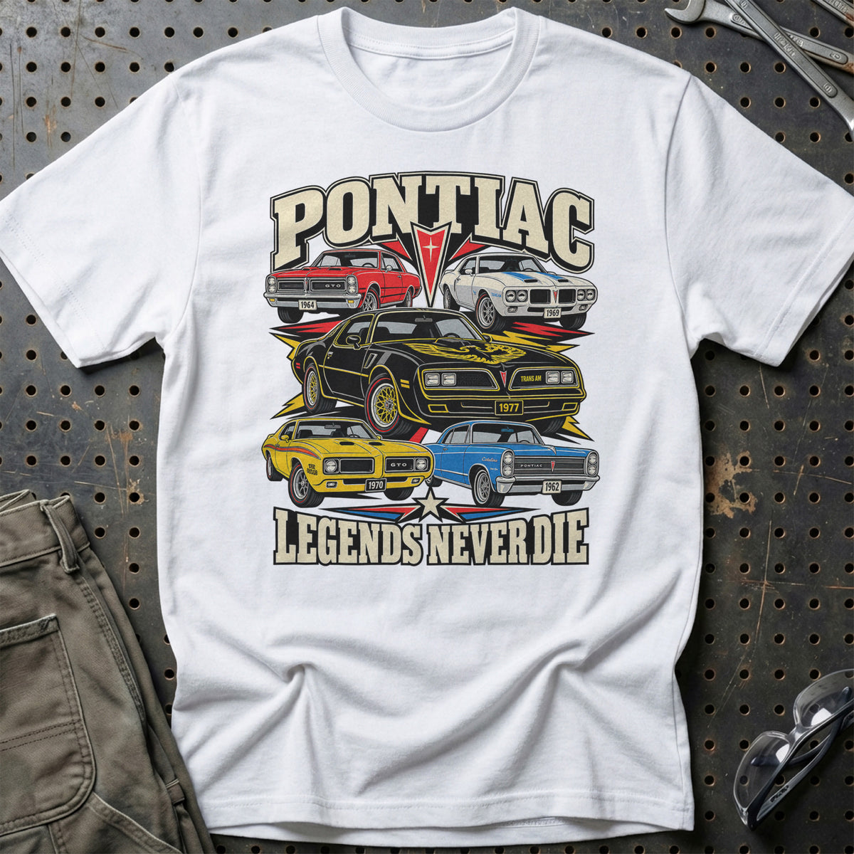 Pontiac Legends Never Die T-Shirt-Beklædning-Pontiac-Hvid-S-Garage Culture Shop- garage - man cave - merchandise