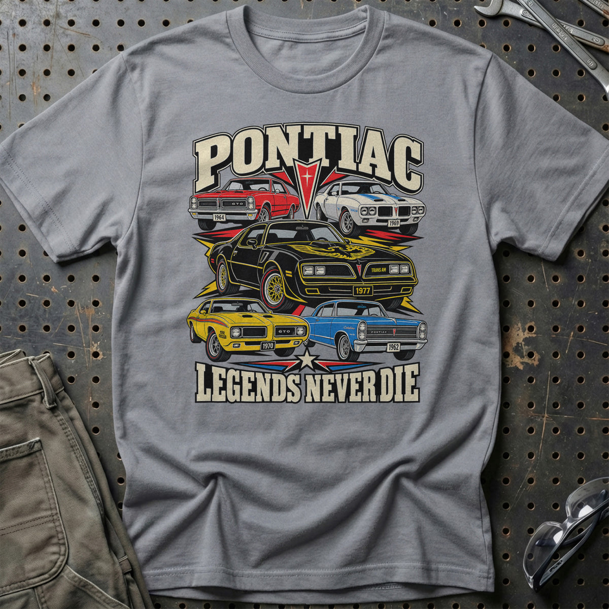 Pontiac Legends Never Die T-Shirt-Beklædning-Pontiac-Grå Sport-S-Garage Culture Shop- garage - man cave - merchandise