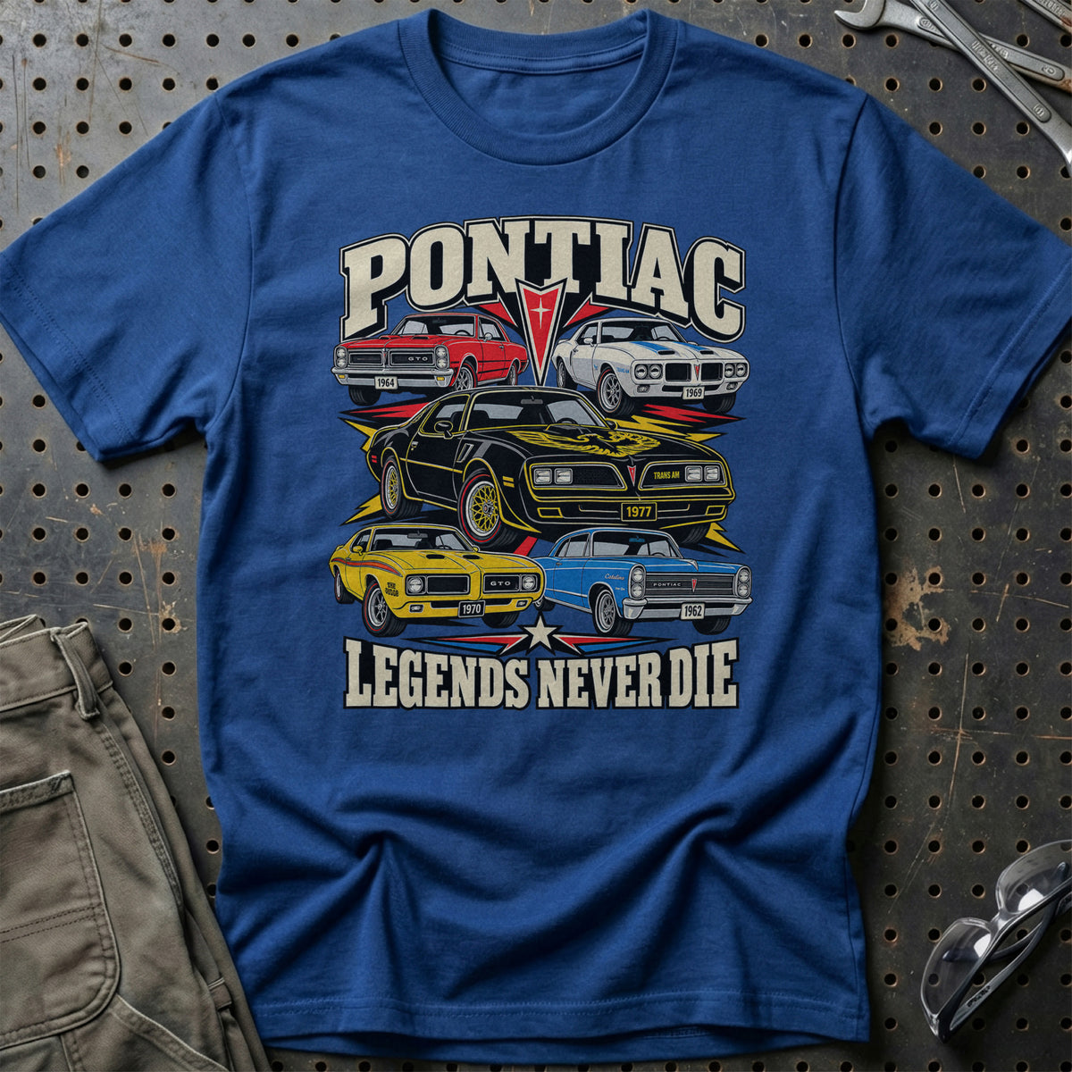 Pontiac Legends Never Die T-Shirt-Beklædning-Pontiac-Blå Royal-S-Garage Culture Shop- garage - man cave - merchandise