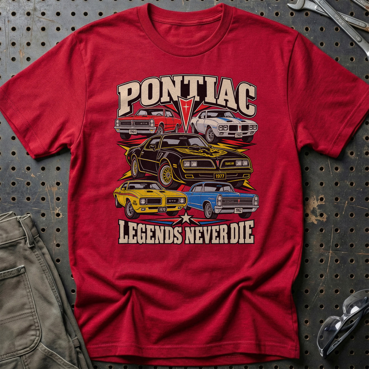 Pontiac Legends Never Die T-Shirt-Beklædning-Pontiac-Rød-S-Garage Culture Shop- garage - man cave - merchandise