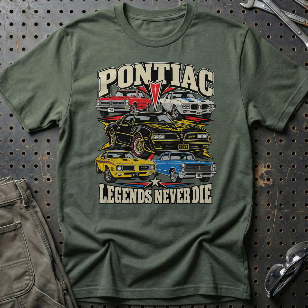 Pontiac Legends Never Die T-Shirt-Beklædning-Pontiac-Grøn Militær-S-Garage Culture Shop- garage - man cave - merchandise