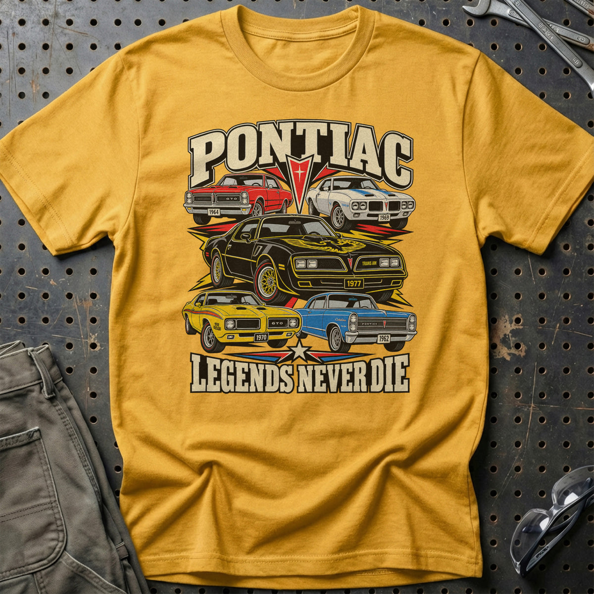 Pontiac Legends Never Die T-Shirt-Beklædning-Pontiac-Guld-S-Garage Culture Shop- garage - man cave - merchandise