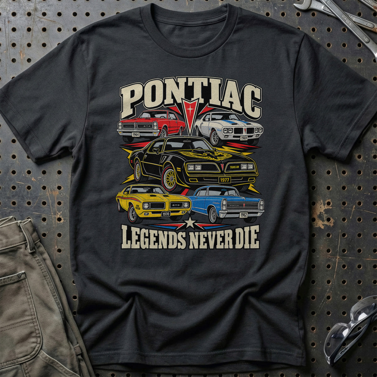 Pontiac Legends Never Die T-Shirt-Beklædning-Pontiac-Sort-S-Garage Culture Shop- garage - man cave - merchandise