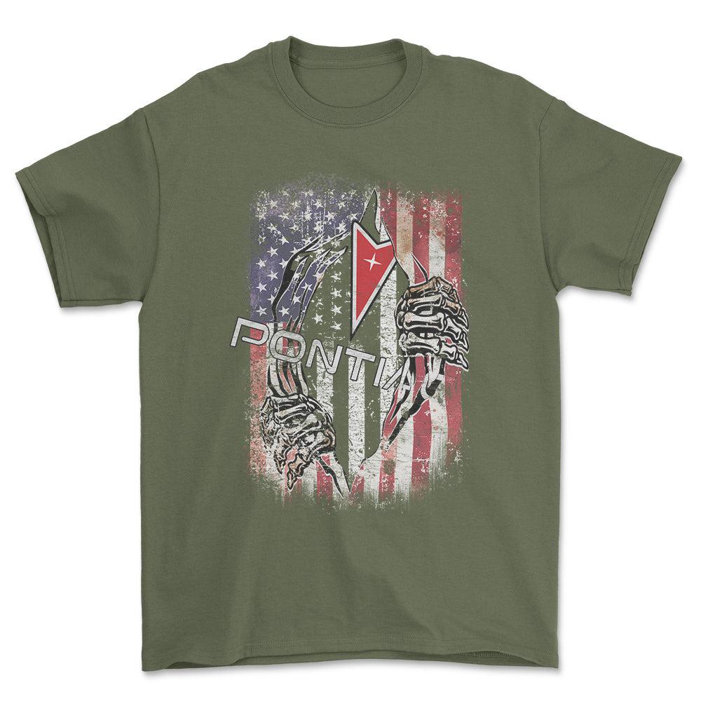 Pontiac US Flag T-Shirt-Beklædning-Pontiac-Grøn Militær-S-Garage Culture Shop- garage - man cave - merchandise