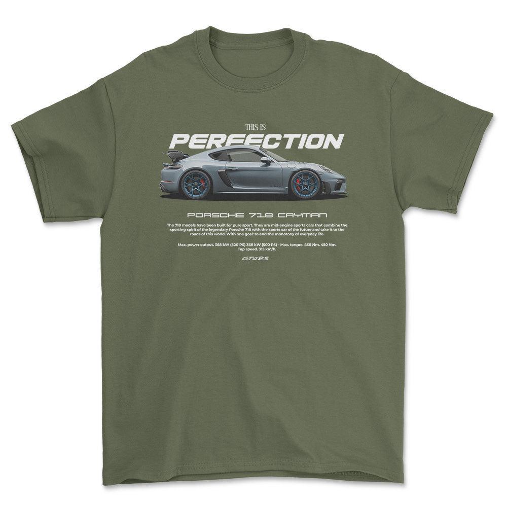 Porsche 718 Cayman - Unisex T-Shirt-Beklædning-Porsche-Grøn Militær-S-Forside-Garage Culture Shop- garage - man cave - merchandise