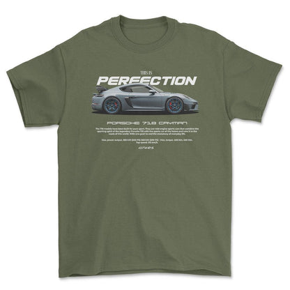 Porsche 718 Cayman - Unisex T-Shirt-Beklædning-Porsche-Grøn Militær-S-Forside-Garage Culture Shop- garage - man cave - merchandise