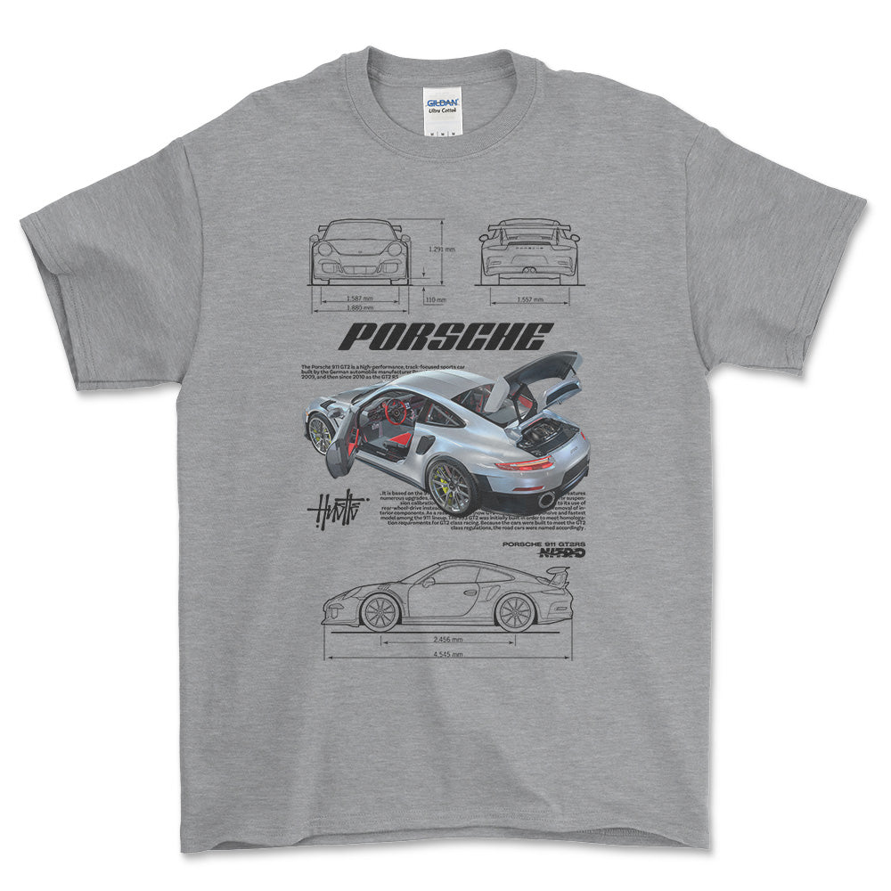 Porsche 911 GT2 RS - Unisex T-Shirt-Beklædning-Porsche-Grå Sport-S-Forside-Garage Culture Shop- garage - man cave - merchandise