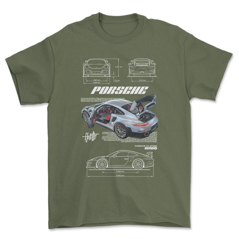 Porsche 911 GT2 RS - Unisex T-Shirt-Beklædning-Porsche-Grøn Militær-S-Forside-Garage Culture Shop- garage - man cave - merchandise