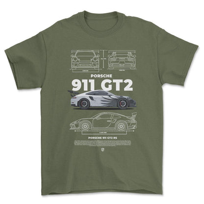 Porsche 911 GT2 RS - Unisex T-Shirt-Beklædning-Porsche-Grøn Militær-S-Forside-Garage Culture Shop- garage - man cave - merchandise