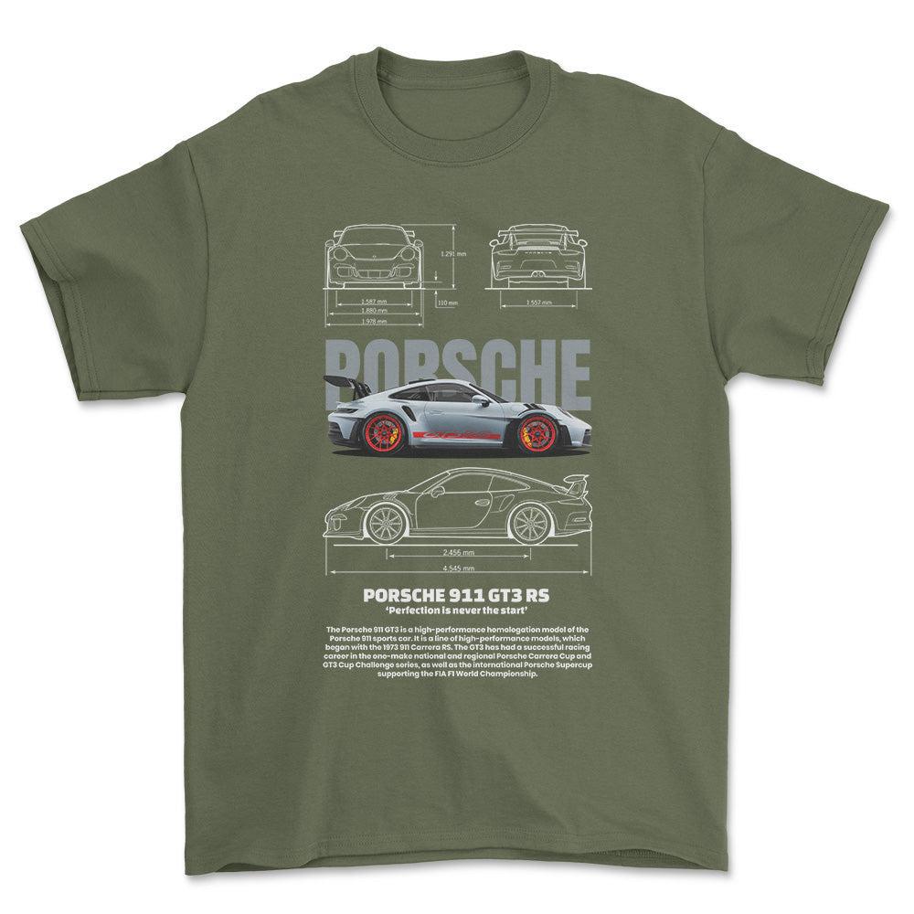Porsche 911 GT3 RS - Unisex T-Shirt-Beklædning-Porsche-Grøn Militær-S-Forside-Garage Culture Shop- garage - man cave - merchandise