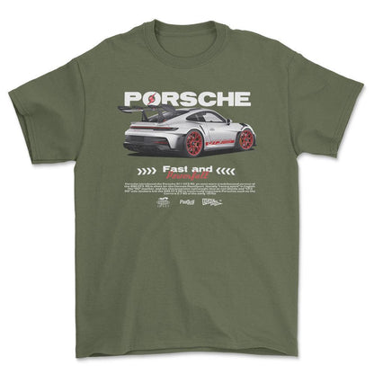 Porsche 911 GT3 RS - Unisex T-Shirt-Beklædning-Porsche-Grøn Militær-S-Forside-Garage Culture Shop- garage - man cave - merchandise