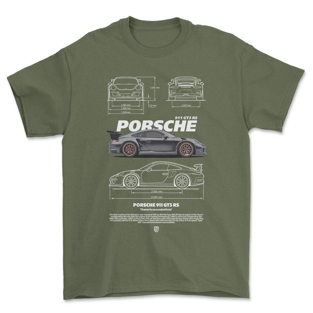 Porsche 911 GT3 RS - Unisex T-Shirt-Beklædning-Porsche-Grøn Militær-S-Forside-Garage Culture Shop- garage - man cave - merchandise