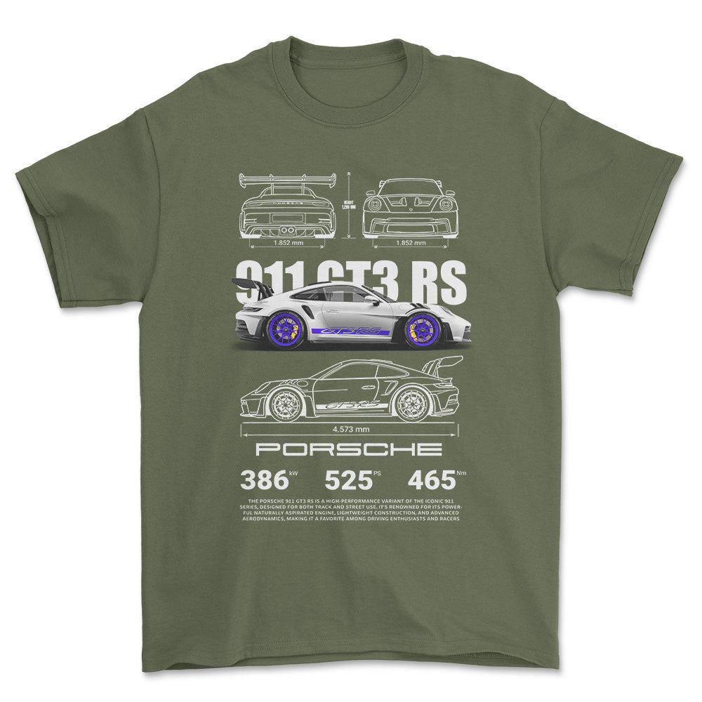 Porsche 911 GT3 RS - Unisex T-Shirt-Beklædning-Porsche-Grøn Militær-S-Forside-Garage Culture Shop- garage - man cave - merchandise