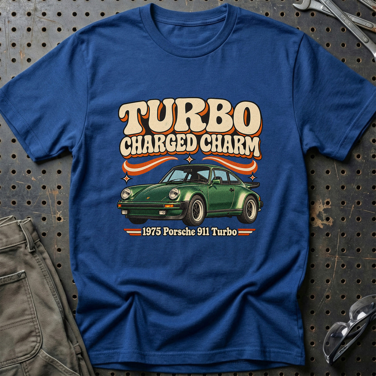 
Porsche 911 Turbo 1975 – Turbo Charged Charm T-Shirt – Blå Royal