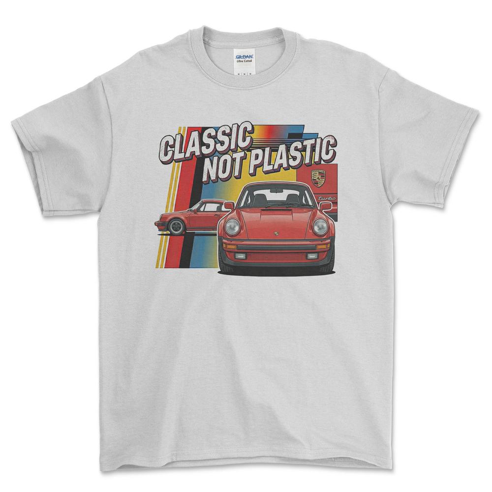 Porsche 911 Turbo Classic Not Plastic - Unisex T-Shirt-Beklædning-Porsche-Hvid-S-Forside-Garage Culture Shop- garage - man cave - merchandise