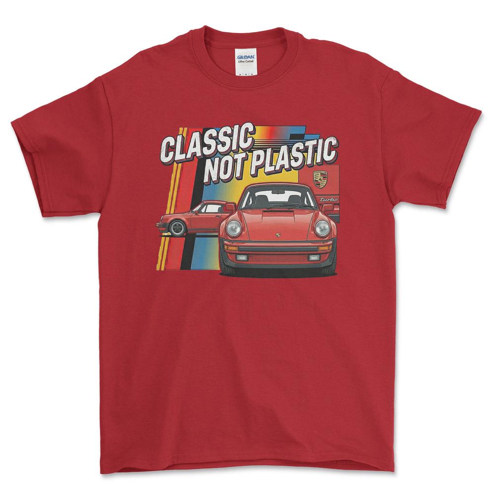 Porsche 911 Turbo Classic Not Plastic - Unisex T-Shirt-Beklædning-Porsche-Rød-S-Forside-Garage Culture Shop- garage - man cave - merchandise
