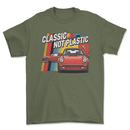 Porsche 911 Turbo Classic Not Plastic - Unisex T-Shirt-Beklædning-Porsche-Grøn Militær-S-Forside-Garage Culture Shop- garage - man cave - merchandise