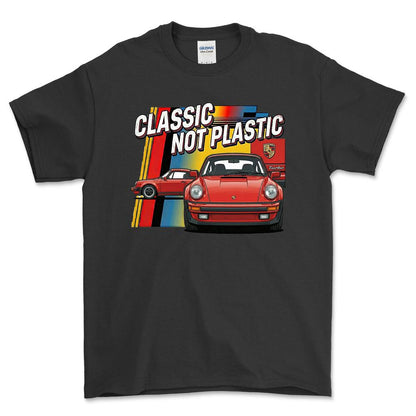 Porsche 911 Turbo Classic Not Plastic - Unisex T-Shirt-Beklædning-Porsche-Sort-S-Forside-Garage Culture Shop- garage - man cave - merchandise