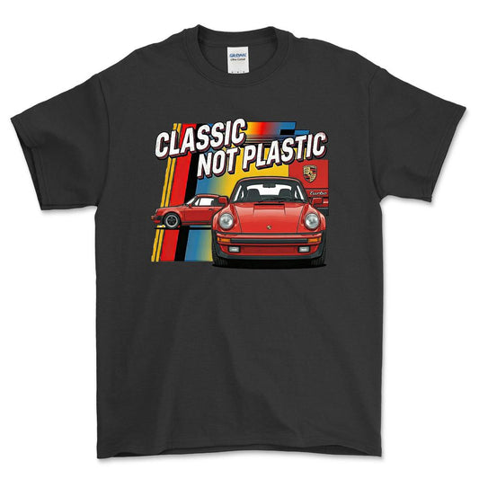 Porsche 911 Turbo Classic Not Plastic - Unisex T-Shirt-Beklædning-Porsche-Sort-S-Forside-Garage Culture Shop- garage - man cave - merchandise