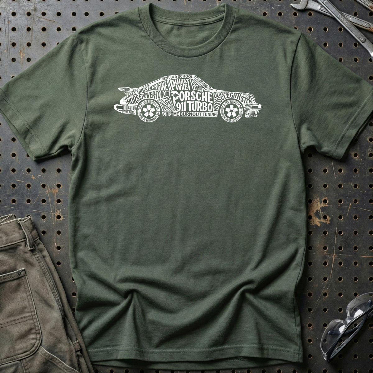 
Porsche 911 Turbo Old School Typography T-Shirt – Grøn Militær