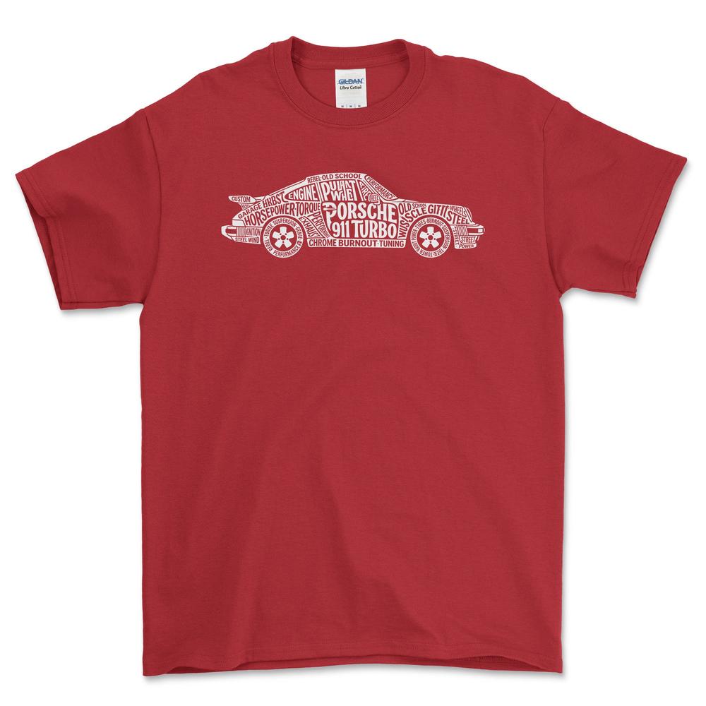 Porsche 911 Turbo Old School Typography - Unisex T-Shirt-Beklædning-Porsche-Rød-S-Forside-Garage Culture Shop- garage - man cave - merchandise