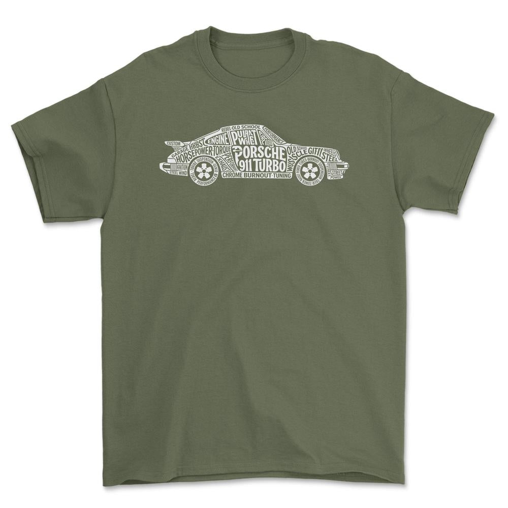 Porsche 911 Turbo Old School Typography - Unisex T-Shirt-Beklædning-Porsche-Grøn Militær-S-Forside-Garage Culture Shop- garage - man cave - merchandise