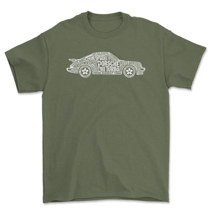 Porsche 911 Turbo Old School Typography - Unisex T-Shirt-Beklædning-Porsche-Grøn Militær-S-Forside-Garage Culture Shop- garage - man cave - merchandise