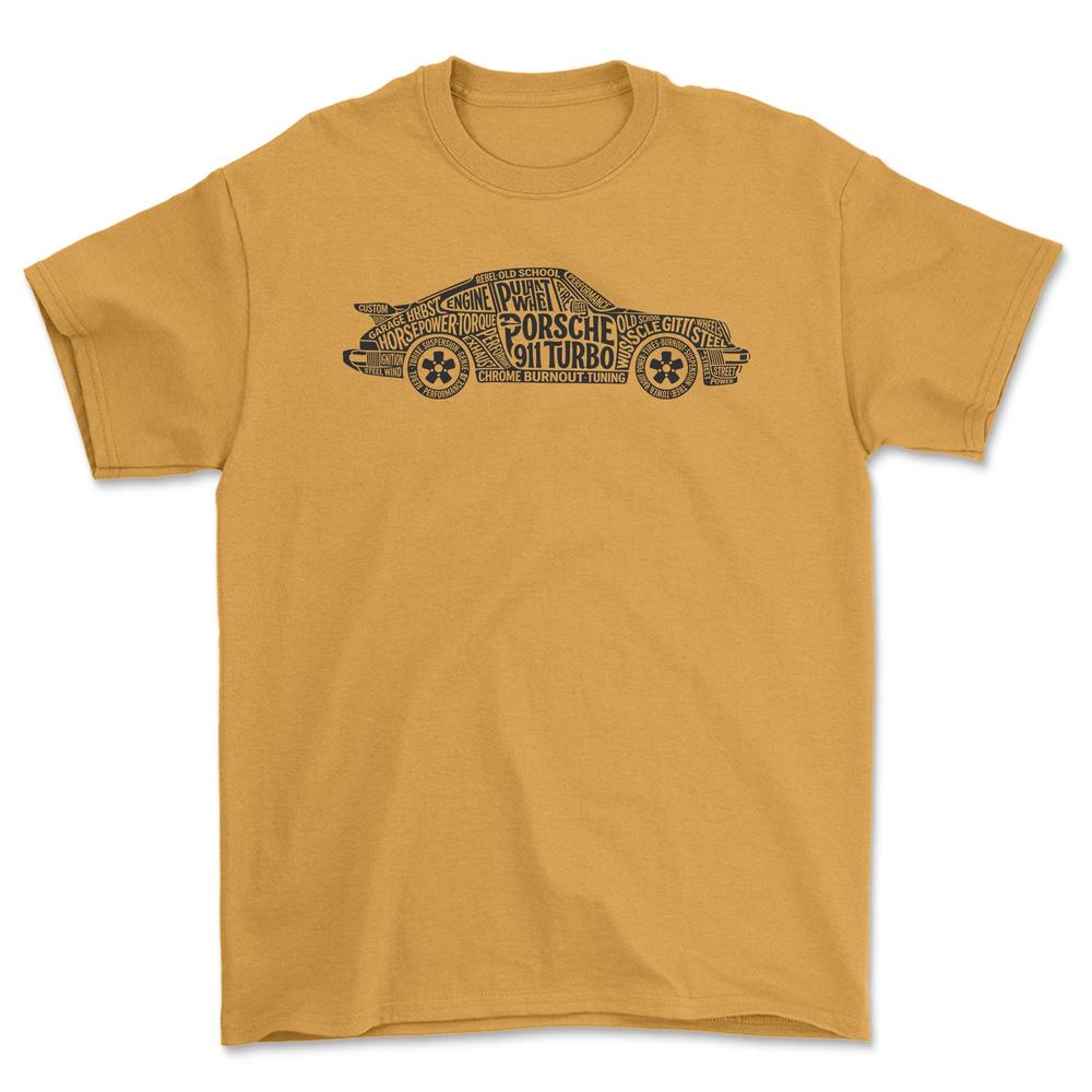 Porsche 911 Turbo Old School Typography - Unisex T-Shirt-Beklædning-Porsche-Guld-S-Forside-Garage Culture Shop- garage - man cave - merchandise