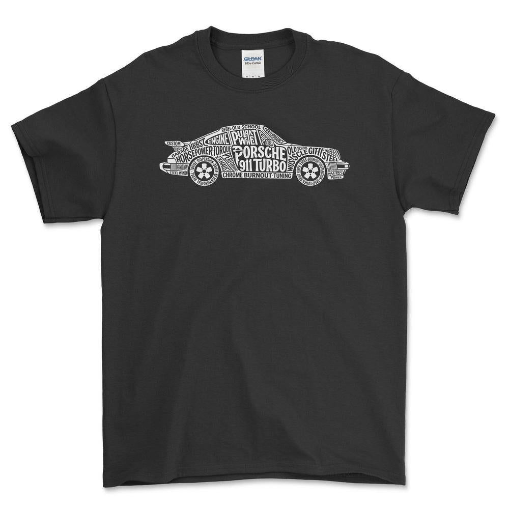 Porsche 911 Turbo Old School Typography - Unisex T-Shirt-Beklædning-Porsche-Sort-S-Forside-Garage Culture Shop- garage - man cave - merchandise