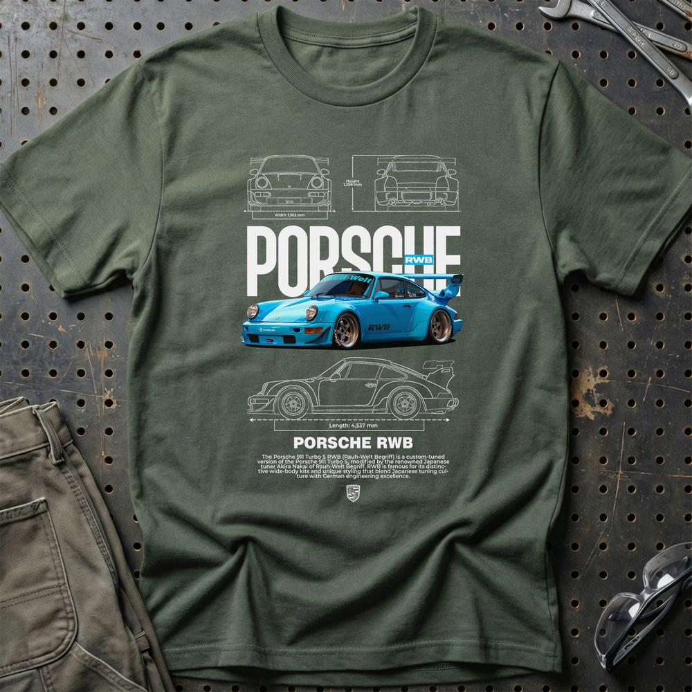Porsche 911 Turbo RWB T-Shirt-Beklædning-Porsche-Grøn Militær-S-Garage Culture Shop- garage - man cave - merchandise