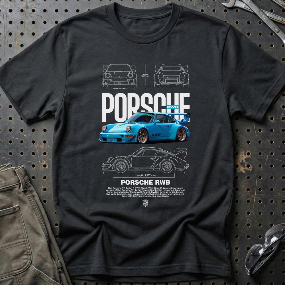 Porsche 911 Turbo RWB T-Shirt-Beklædning-Porsche-Sort-S-Garage Culture Shop- garage - man cave - merchandise