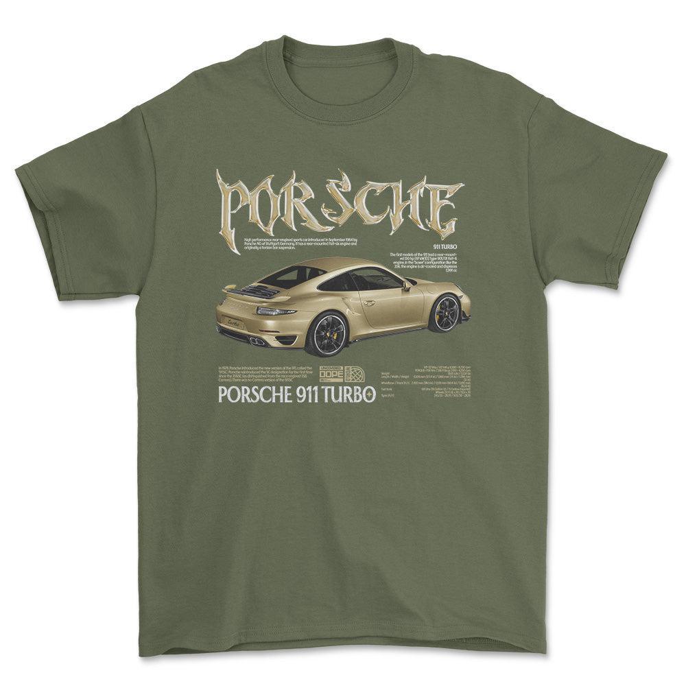 Porsche 911 Turbo - Unisex T-Shirt-Beklædning-Porsche-Grøn Militær-S-Forside-Garage Culture Shop- garage - man cave - merchandise