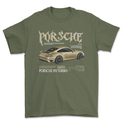Porsche 911 Turbo - Unisex T-Shirt-Beklædning-Porsche-Grøn Militær-S-Forside-Garage Culture Shop- garage - man cave - merchandise
