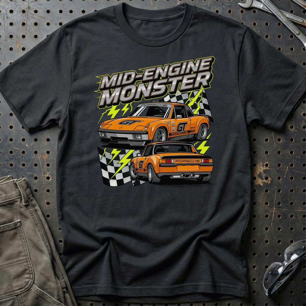 Porsche 914 T-Shirt - Mid-Engine Monster T-Shirt-Beklædning-Porsche-Sort-S-Garage Culture Shop- garage - man cave - merchandise